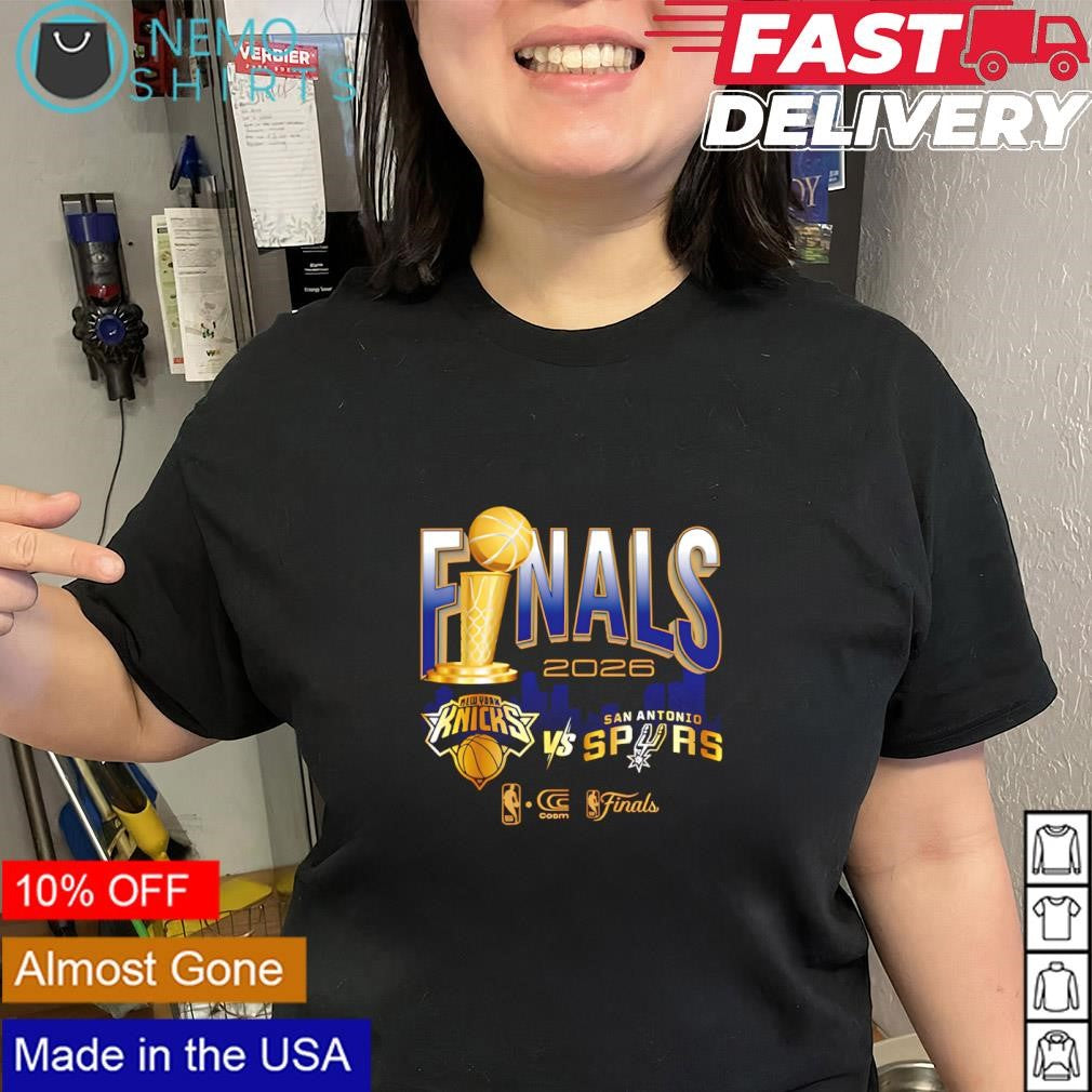 New York Knicks vs. San Antonio Spurs 2026 NBA Finals matchup trophy graphic shirt