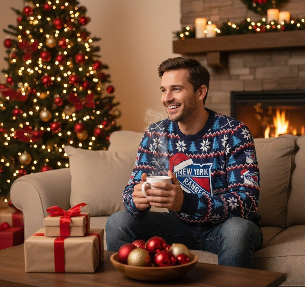 New York Rangers NHL Ugly Christmas Sweater – Blue, Red & White “Broadway Blueshirts” Holiday Knit