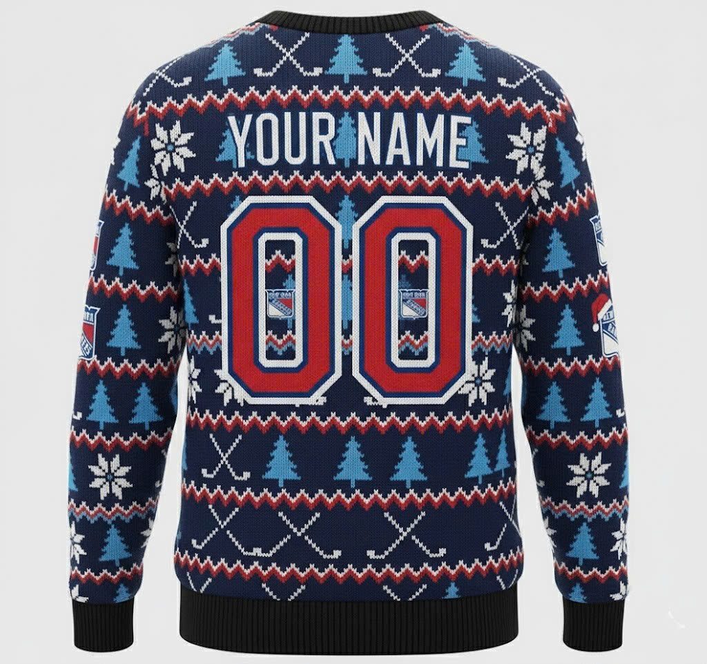 New York Rangers NHL Ugly Christmas Sweater – Blue, Red & White “Broadway Blueshirts” Holiday Knit