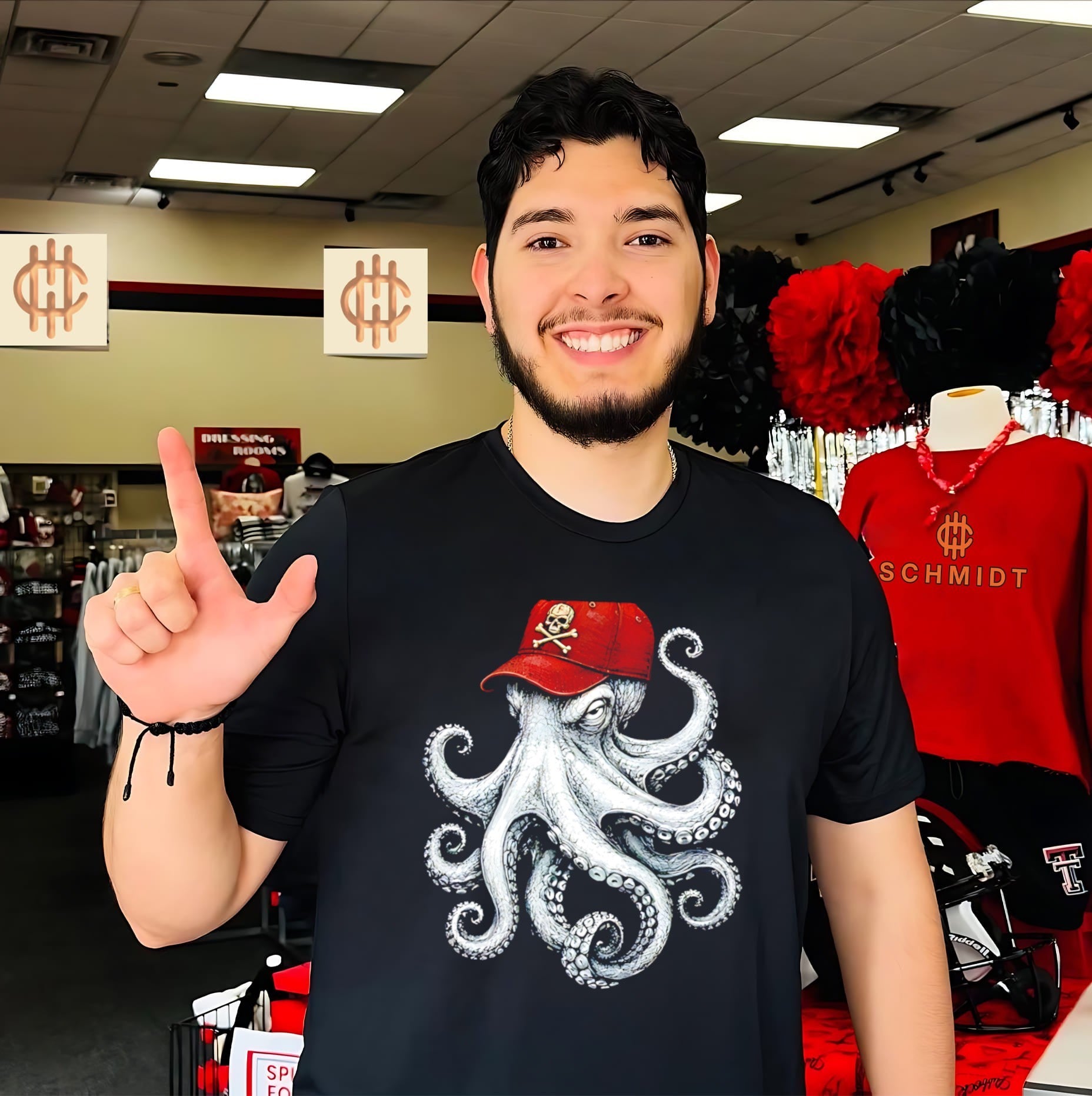 Octopus wearing red skull cap vintage shirt