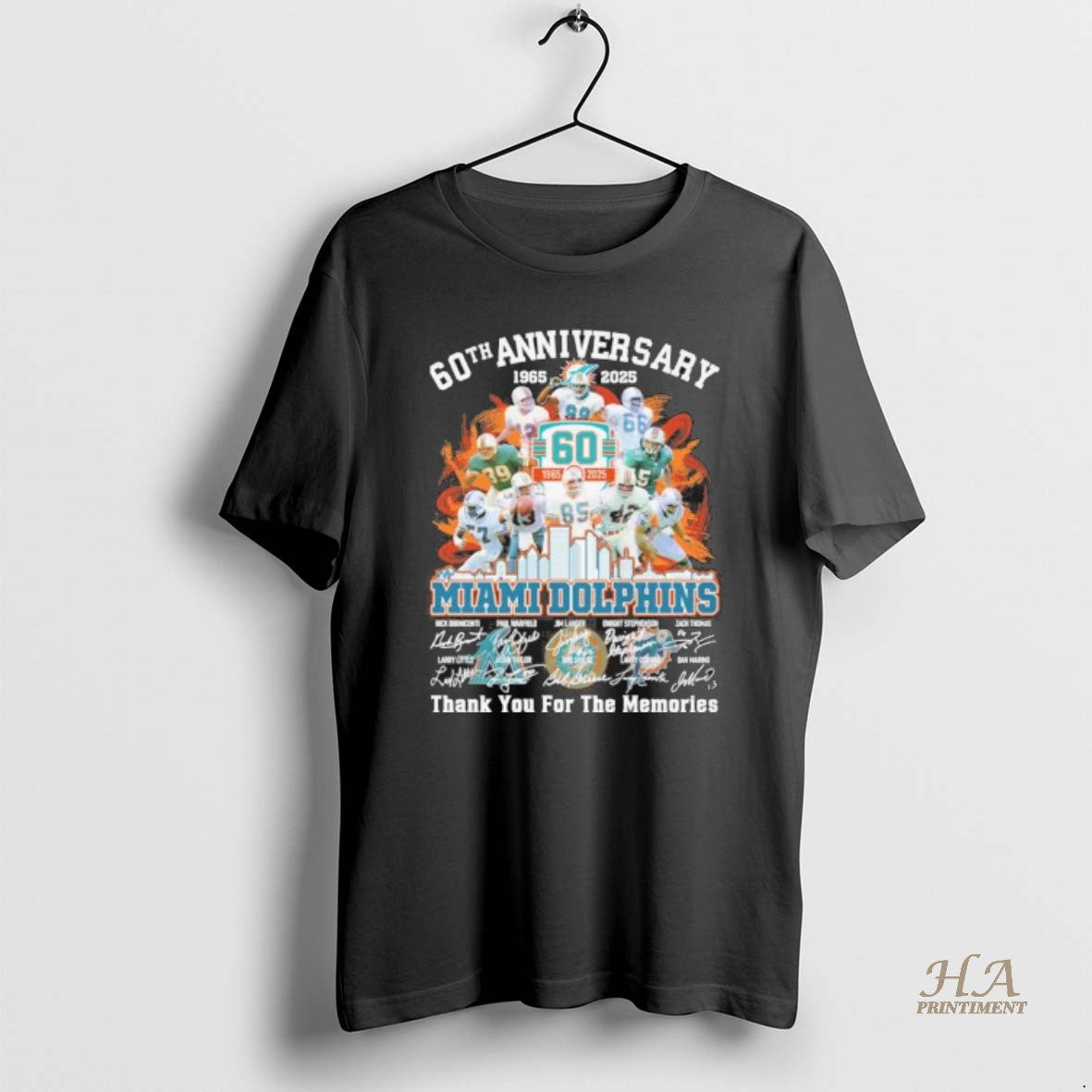 Official 60th Anniversary 1965 2025 Miami Dolphins Team Signatures Shirt Hoodie Sweatshirt | PurePodTees.com