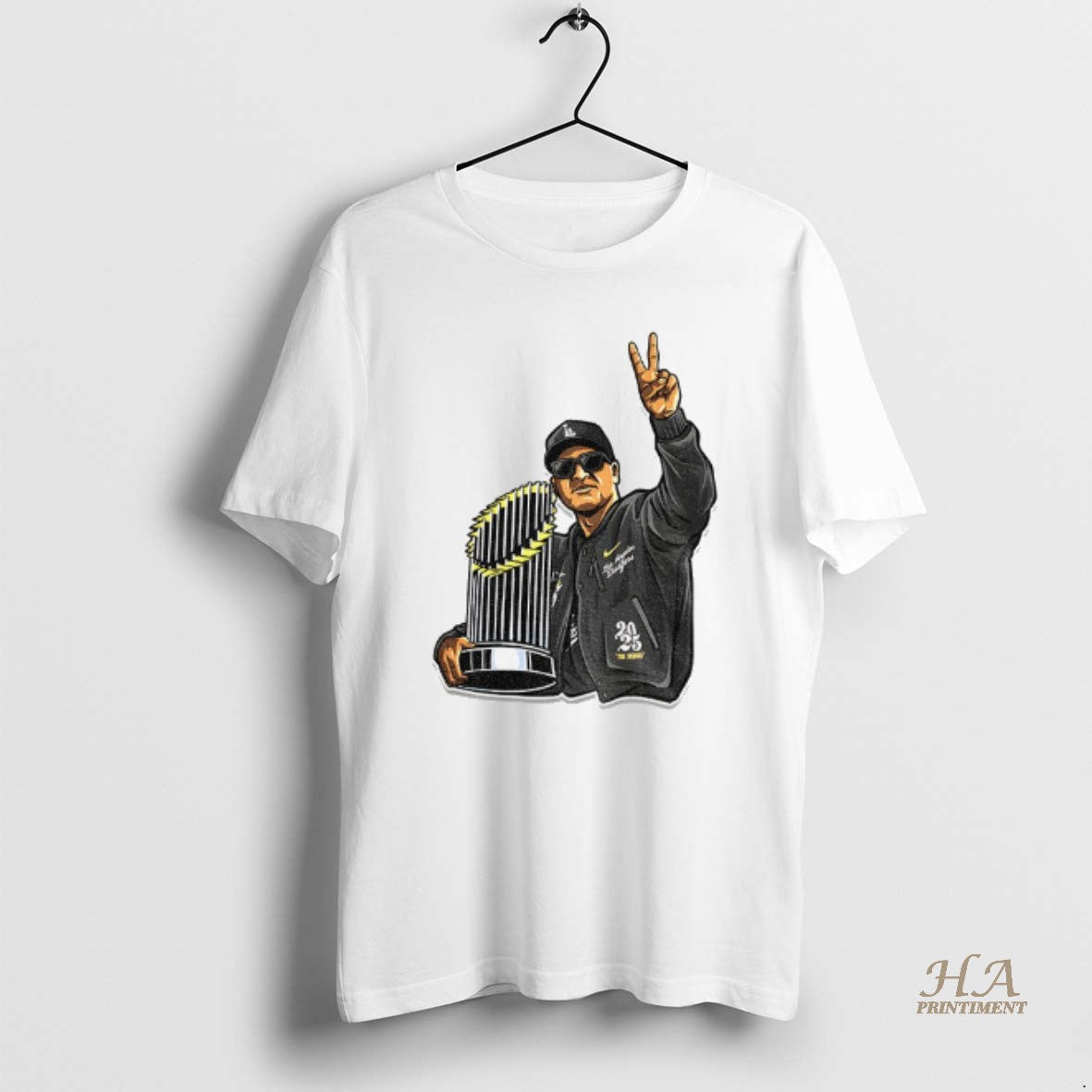 Official Dave Roberts Holding World Series Trophy Fingers Up Shirt Hoodie Sweatshirt | PurePodTees.com