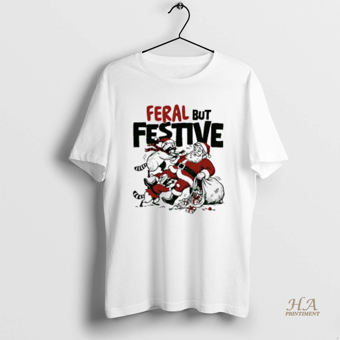 Official Feral But Festive Raccoons And Santa Claus Shirt Hoodie Sweatshirt | PurePodTees.com