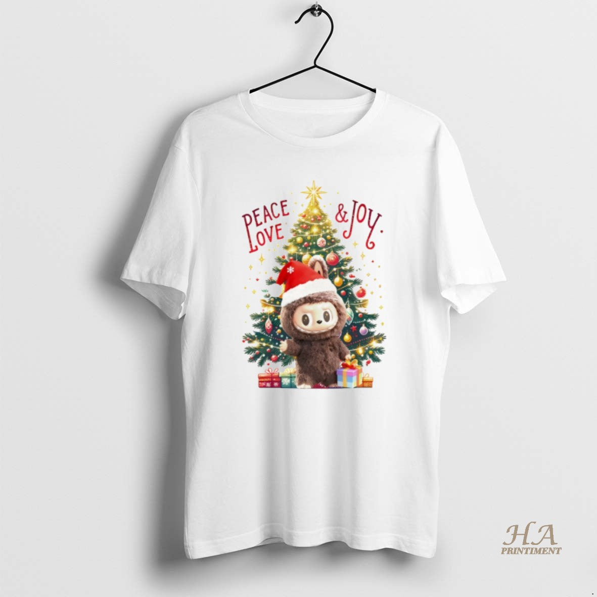 Official Festive Labubu Peace Love Joy Cartoon Christmas Tree Shirt Hoodie Sweatshirt | PurePodTees.com