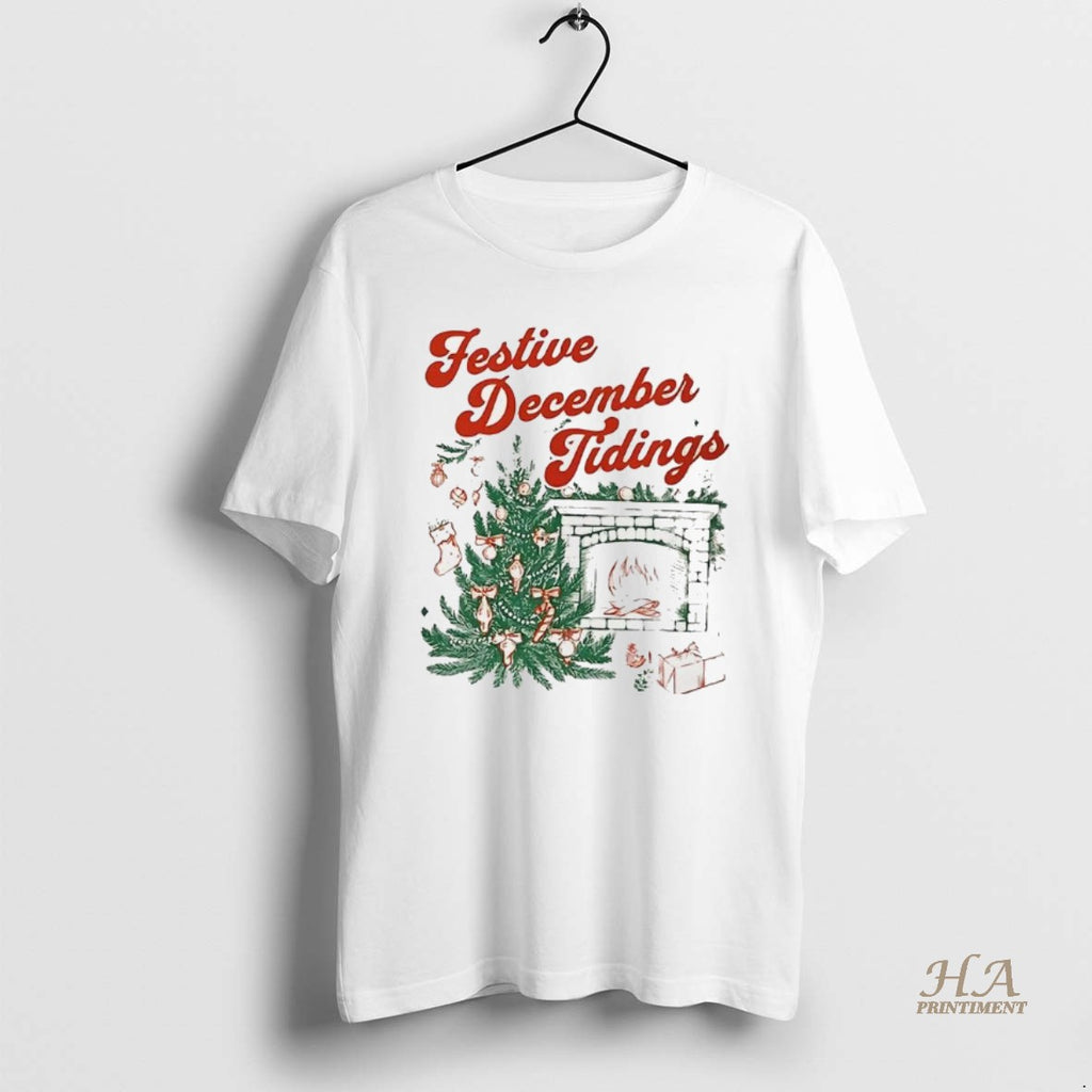 Official Festive December Tidings Christmas Tree And Fireplace Shirt Hoodie Sweatshirt | PurePodTees.com