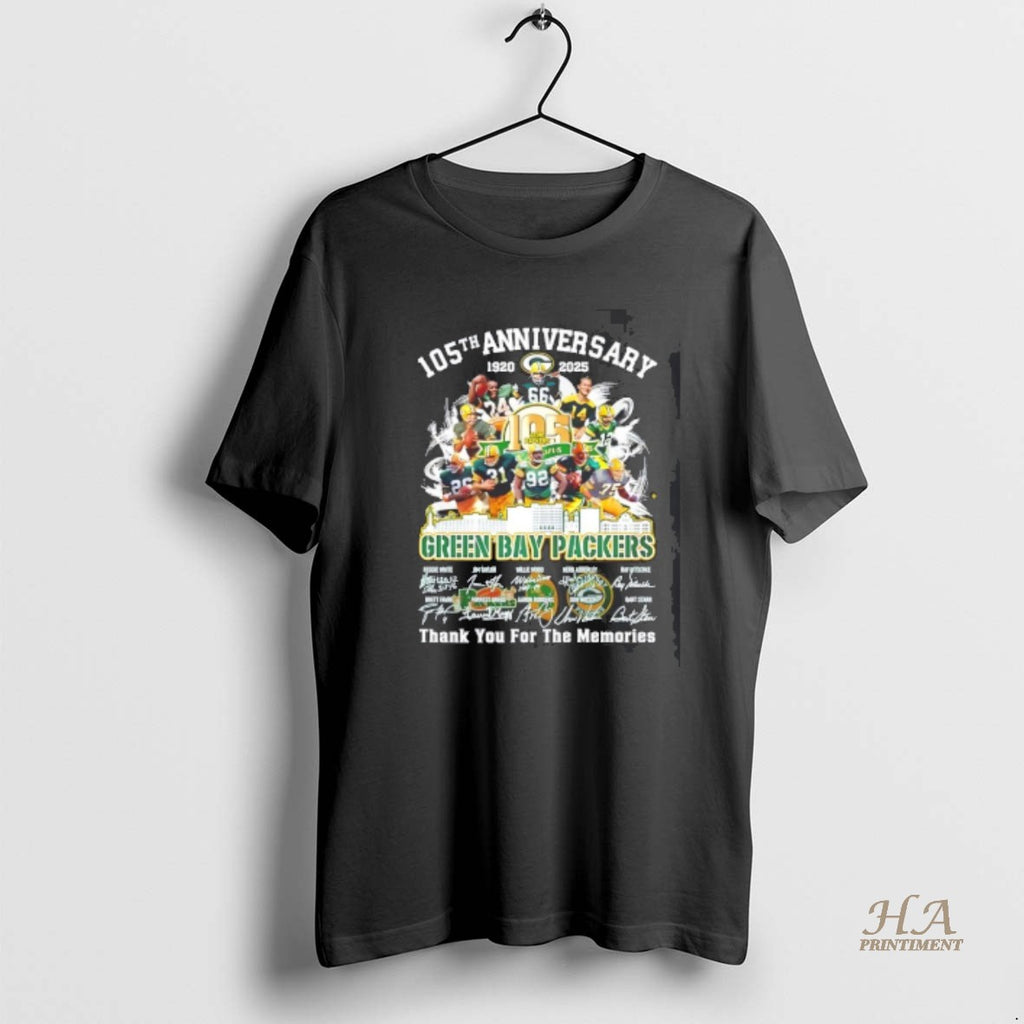 Official Green Bay Packers 105th Anniversary 1920 2025 Thank You For The Memories Skyline Signatures Shirt Hoodie Sweatshirt