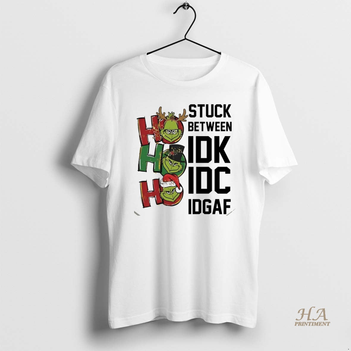 Official Grinch Stuck Between Idk Idc Idgaf Christmas White Shirt Hoodie Sweatshirt | PurePodTees.com