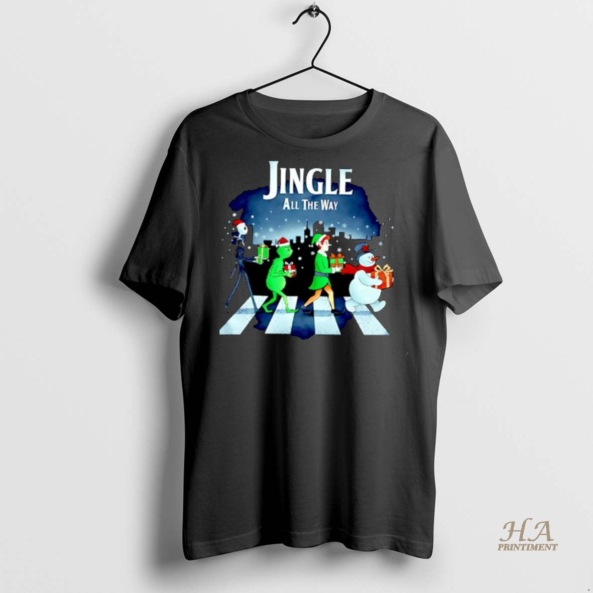 Official Jack Skellington Grinch Elf And Snowman Abbey Road Jingle All The Way Christmas Christmas Shirt Hoodie Sweatshirt