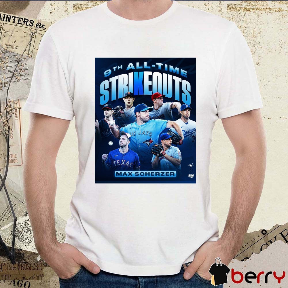 Max Scherzer 9th All-Time Strikeouts Max Moves Up The Ladder MLB Poster t-shirt