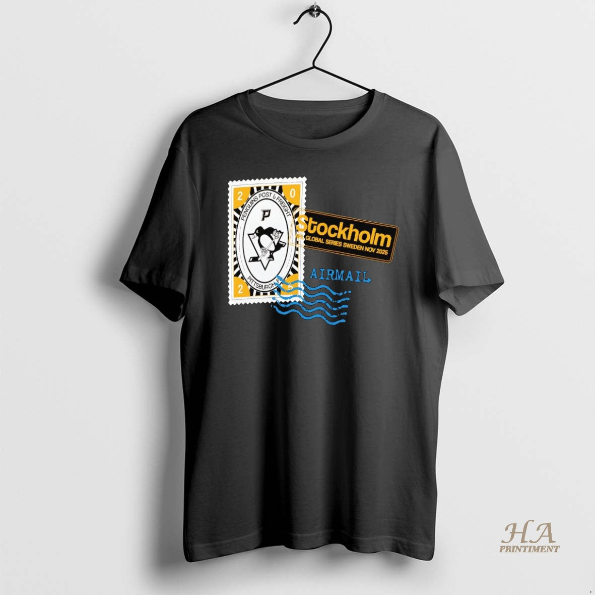 Official Pittsburgh Penguins 2025 Hometown To Stockholm Airmail Stamp Shirt Hoodie Sweatshirt | PurePodTees.com