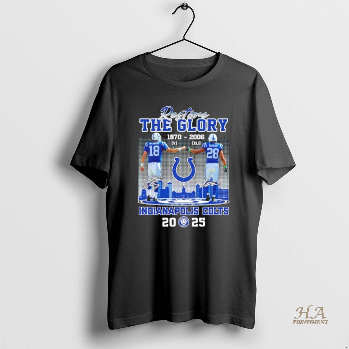 Official Restore The Glory Indianapolis Colts Manning X Taylor 1970 2026 Skyline Shirt Hoodie Sweatshirt | PurePodTees.com