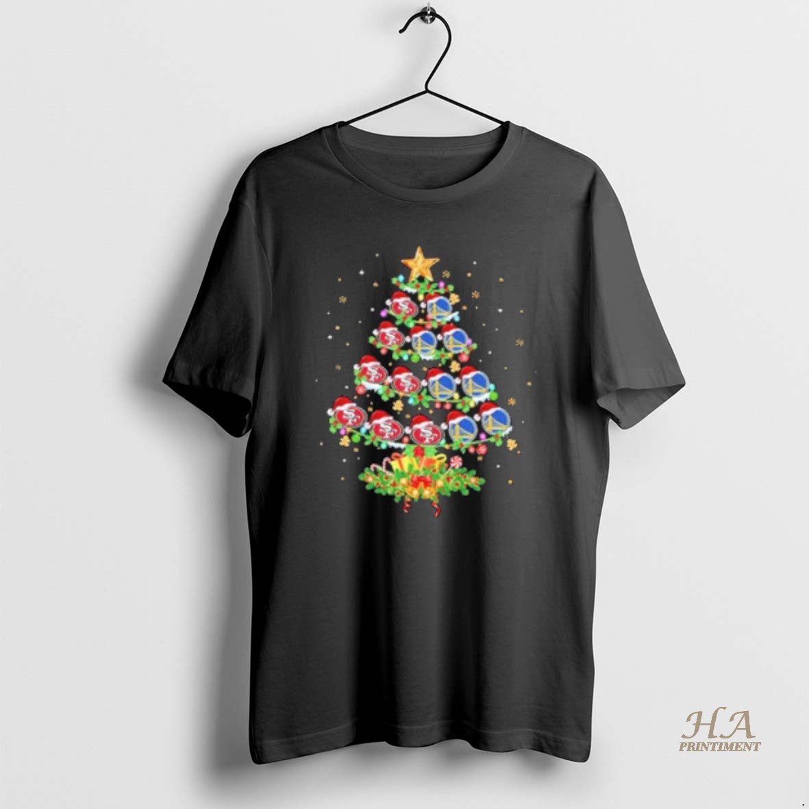 Official Sf 49ers And Golden State Warriors Christmas Tree Two Teams Shirt Hoodie Sweatshirt | PurePodTees.com