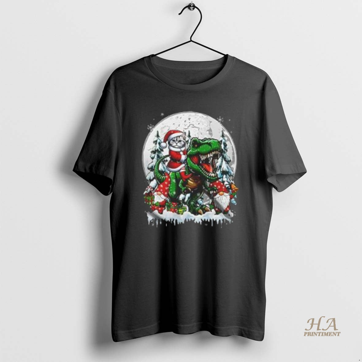 Official Santa Cat Riding T Rex Joyful Christmas Moon Xmas Pajama Family Shirt Hoodie Sweatshirt | PurePodTees.com