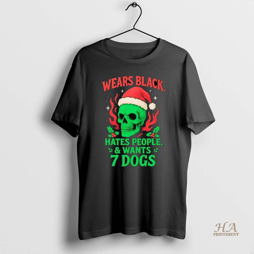 Official Skull Wears Black Hates People And Wants 7 Dogs Christmas Shirt Hoodie Sweatshirt | PurePodTees.com
