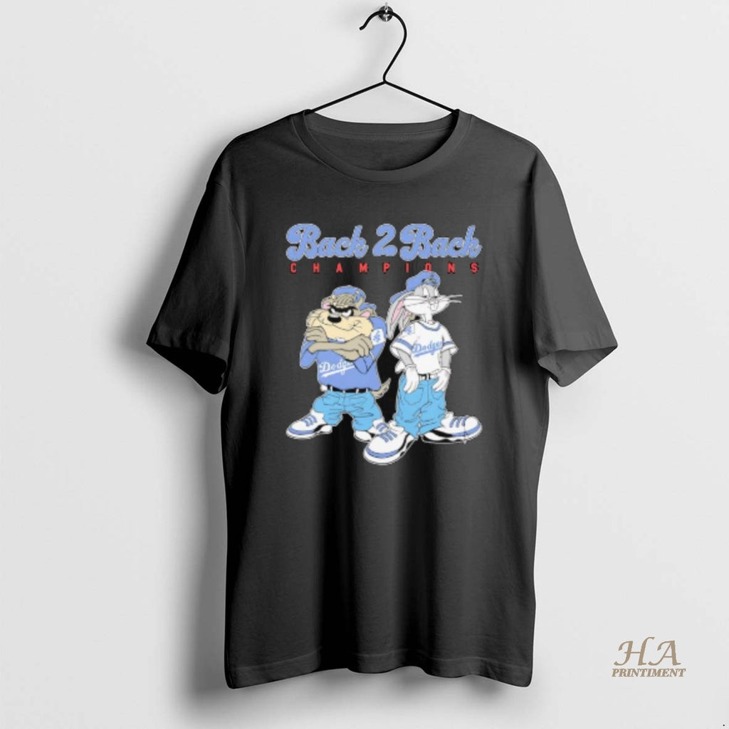 Official Tasmanian Devil Taz And Bugs Bunny Wearing Dodgers Back 2 Back Champions Pose Shirt Hoodie Sweatshirt