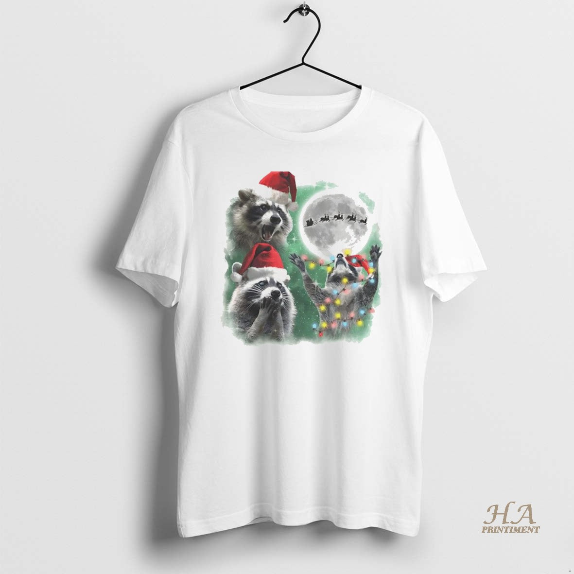 Official Three Raccoons With The Lamp String Under Moon Christmas Shirt Hoodie Sweatshirt | PurePodTees.com