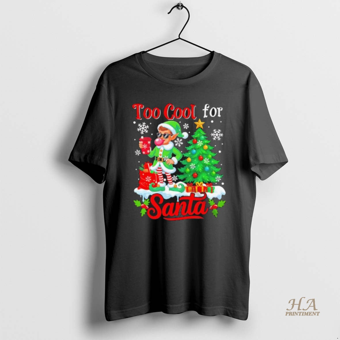 Official Too Cool For Santa Merry Christmas Elf Sunglasses Drink Coffee Black Shirt Hoodie Sweatshirt | PurePodTees.com