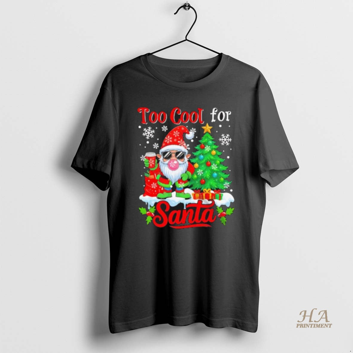 Official Too Cool For Santa Merry Christmas Gnome Sunglasses Drink Coffee Black Shirt Hoodie Sweatshirt | PurePodTees.com