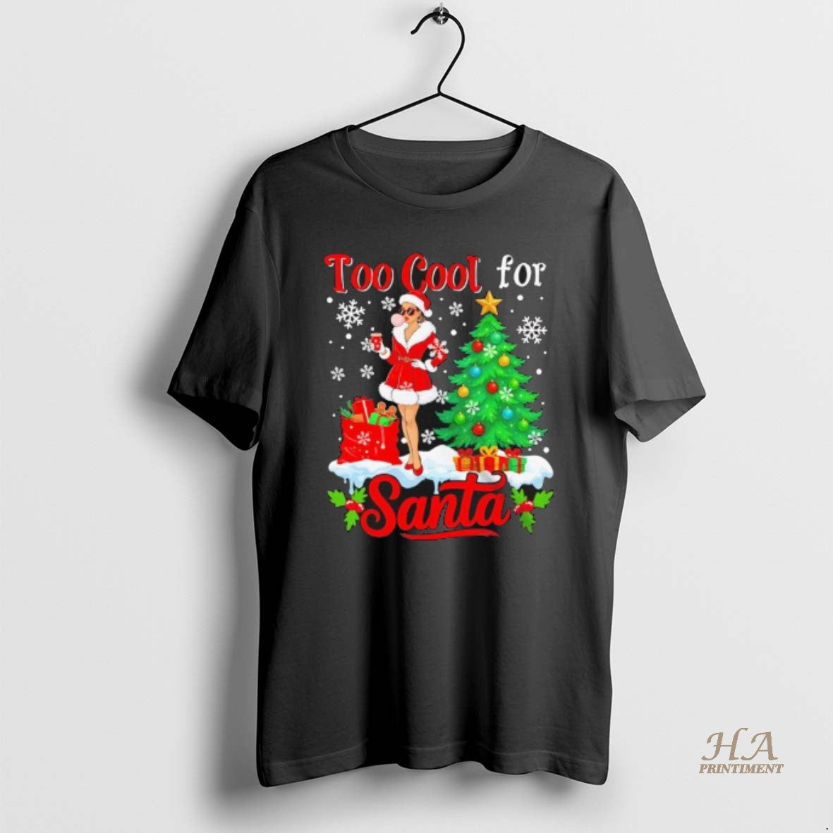 Official Too Cool For Santa Merry Christmas Santa Women Drink Coffee Black Shirt Hoodie Sweatshirt | PurePodTees.com