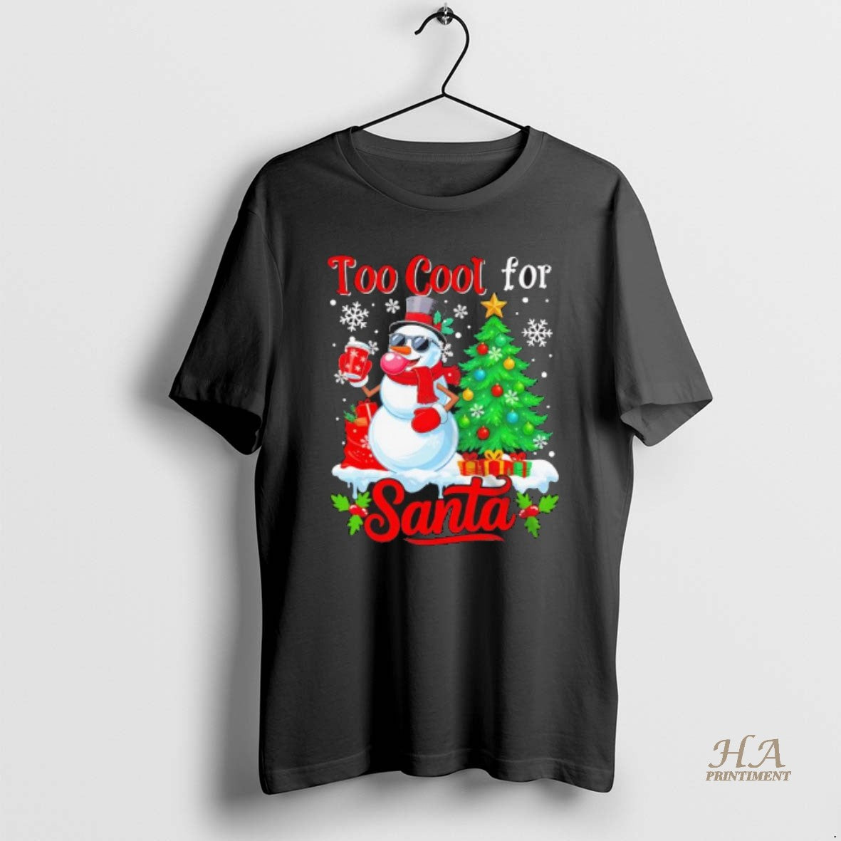 Official Too Cool For Santa Merry Christmas Snowman Sunglasses Drink Coffee Black Shirt Hoodie Sweatshirt | PurePodTees.com