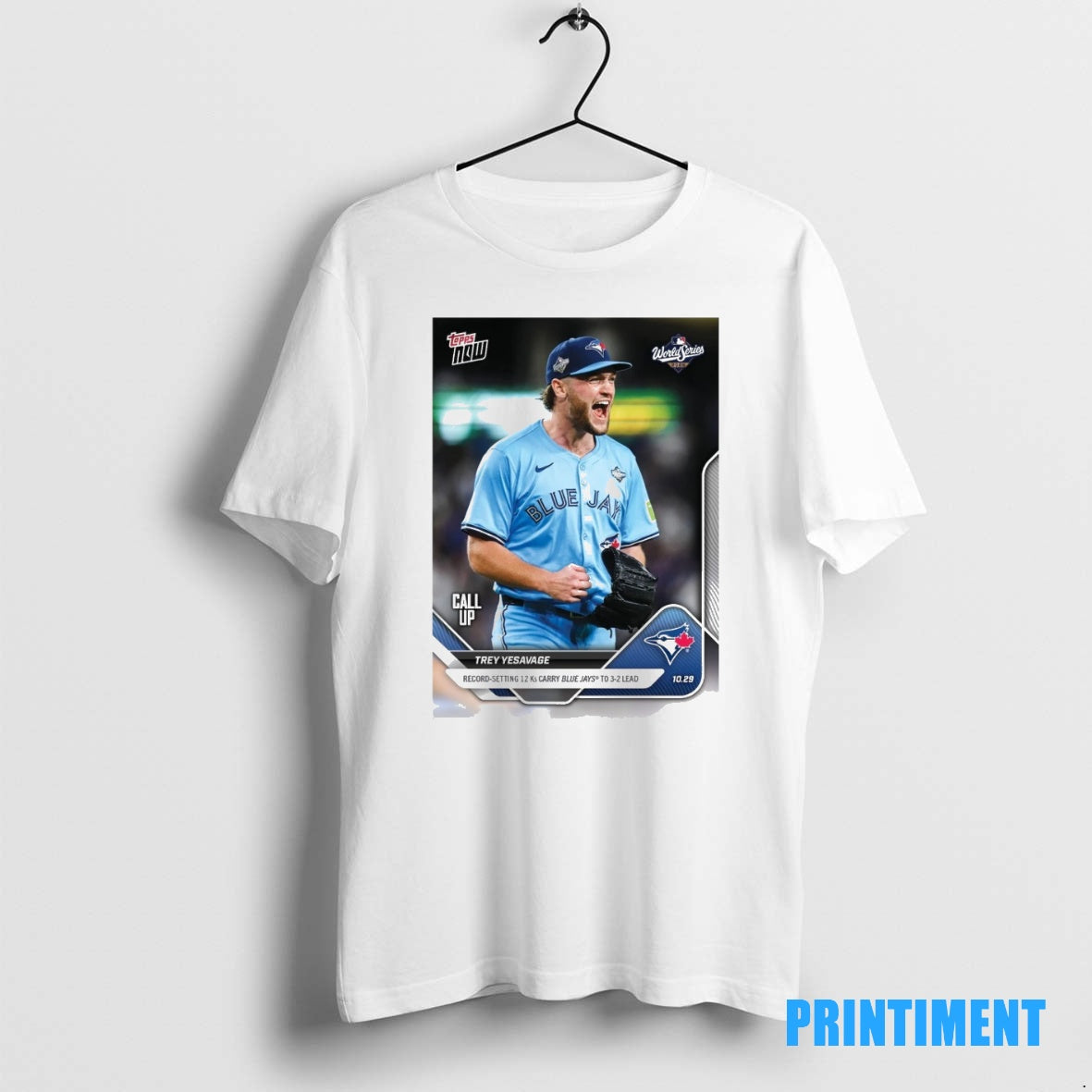 Official Trey Yesavage 2025 Mlb Topps Toronto Blue Jays Record Setting 12 Ks Carry Blue Shirt Hoodie Sweatshirt
