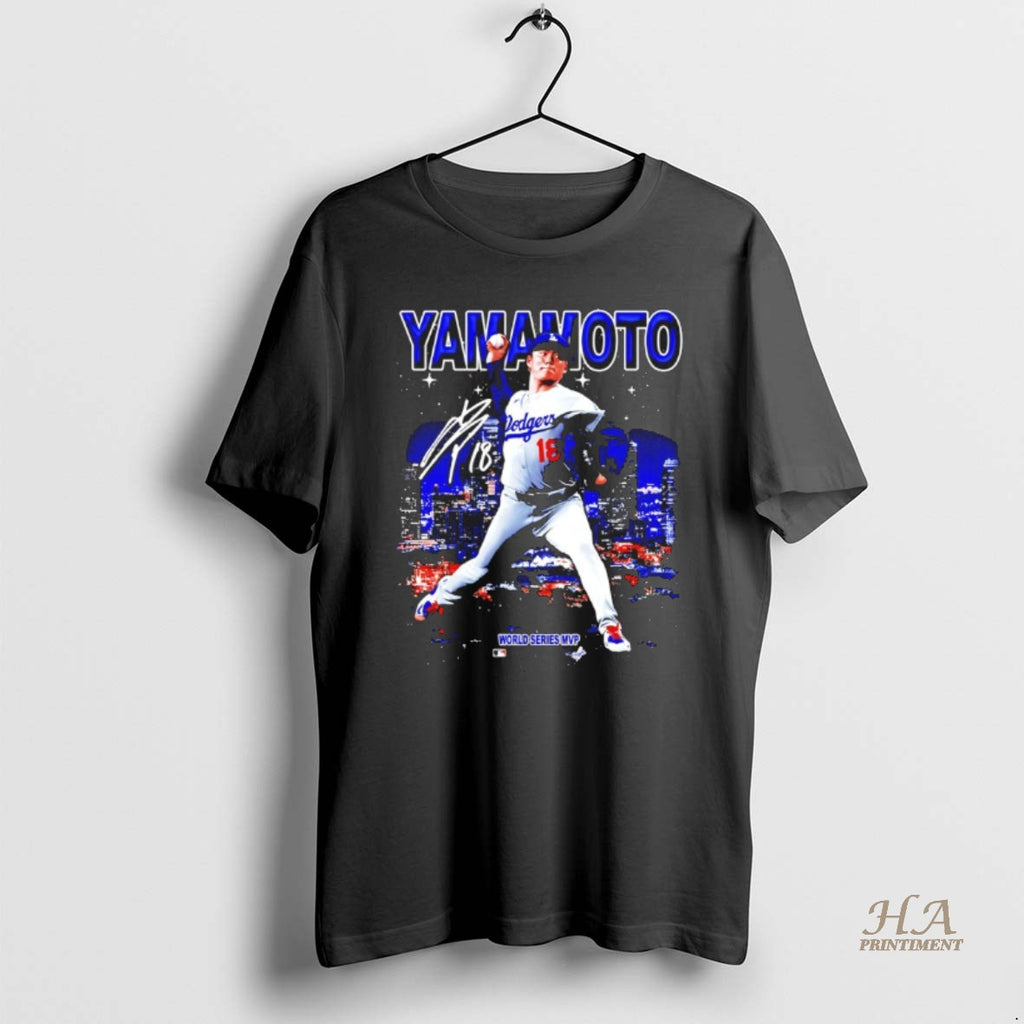 Official Yoshinobu Yamamoto World Series Mvp Los Angeles City Skyline Signature Shirt Hoodie Sweatshirt | PurePodTees.com