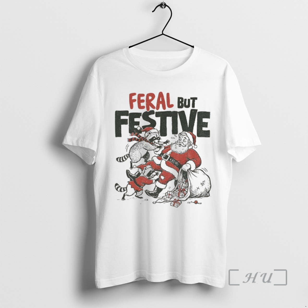 Officials Funny Christmas Raccoon Vs Santa Feral But Festive Shirt Hoodie Sweatshirt | PurePodTees.com