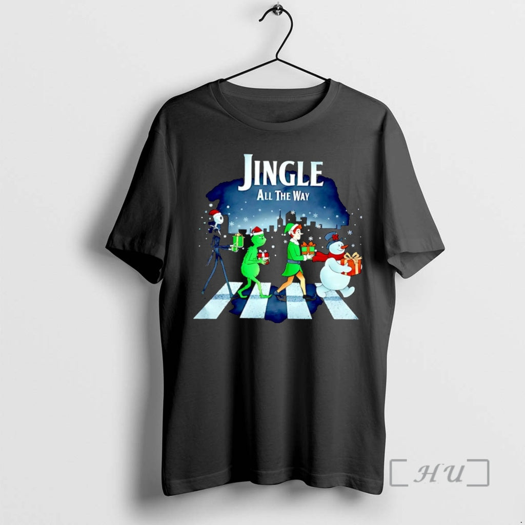 Officials Jack Skellington Grinch Elf And Snowman Abbey Road Jingle All The Way Christmas Christmas Shirt Hoodie Sweatshirt