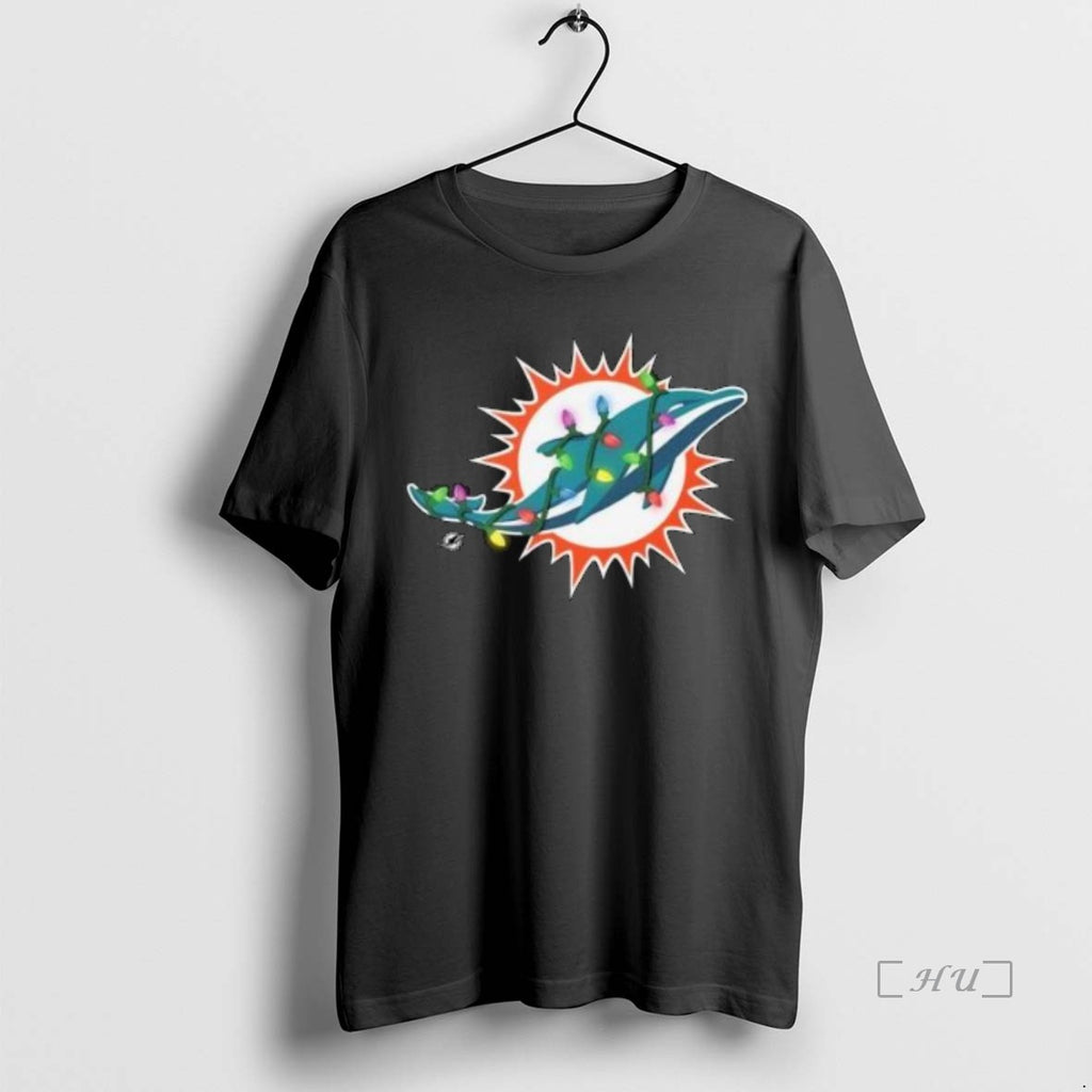 Officials Miami Dolphins Primary Logo Holiday Lights 2025 Circle Black Shirt Hoodie Sweatshirt | PurePodTees.com