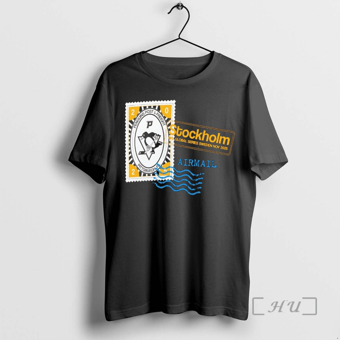 Officials Pittsburgh Penguins 2025 Hometown To Stockholm Airmail Stamp Shirt Hoodie Sweatshirt | PurePodTees.com