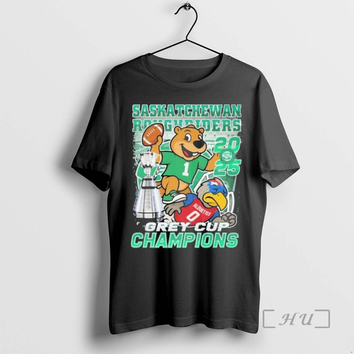Officials Saskatchewan Roughriders Stomp Montreal Alouettes 2025 Grey Cup Champions Trophy Mascot Premium T Shirts Hoodie...