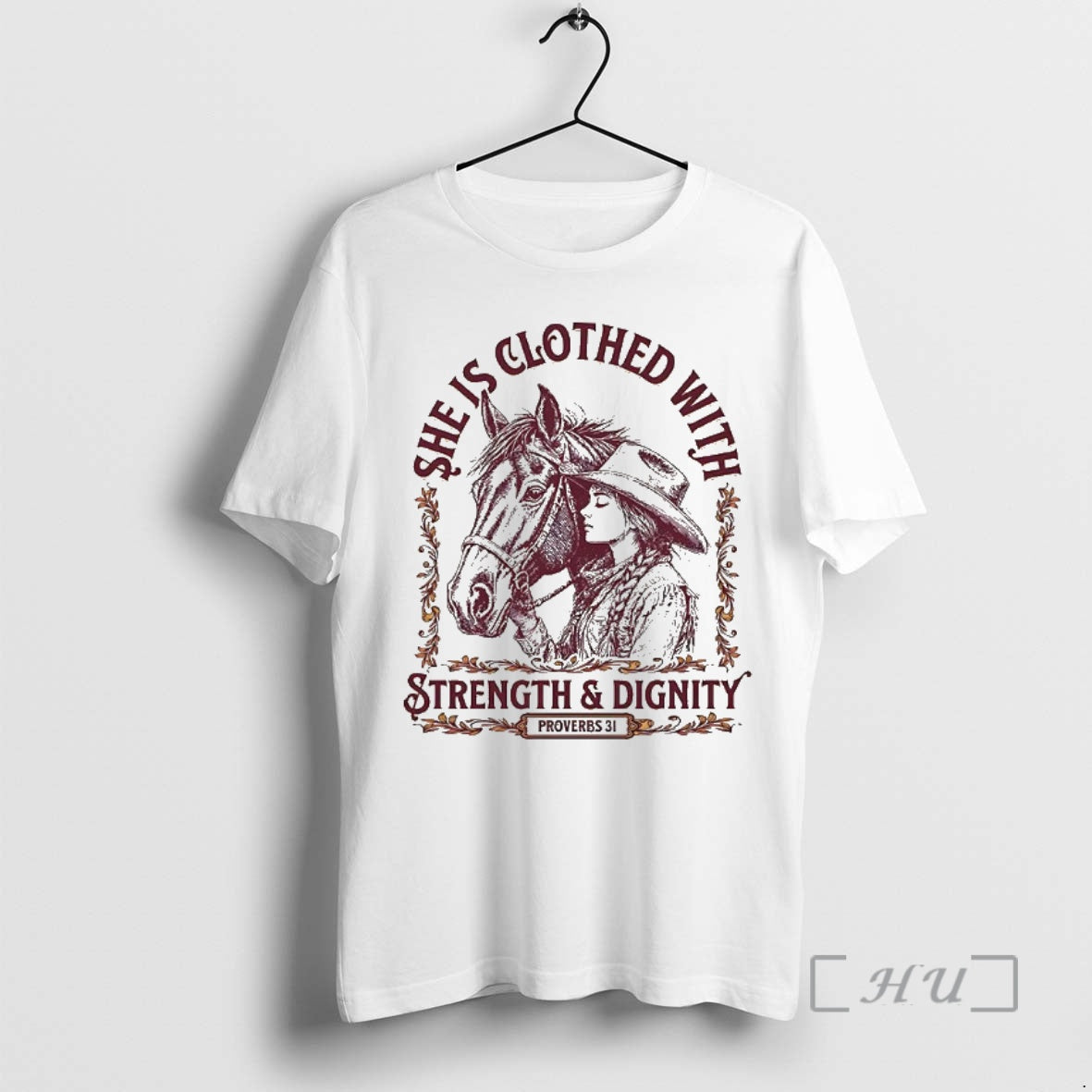 Officials She Is Clothed With Strength And Dignity Proverbs 31 Cowgirl And Horse Premium Shirt Hoodie Sweatshirt