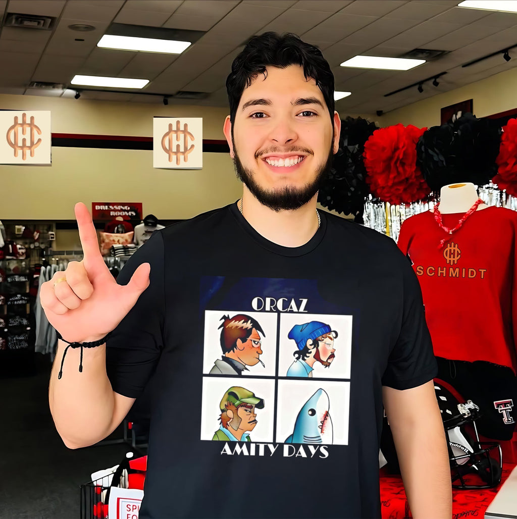 Orcaz Amity Days Demon Days and Jaws parody shirt