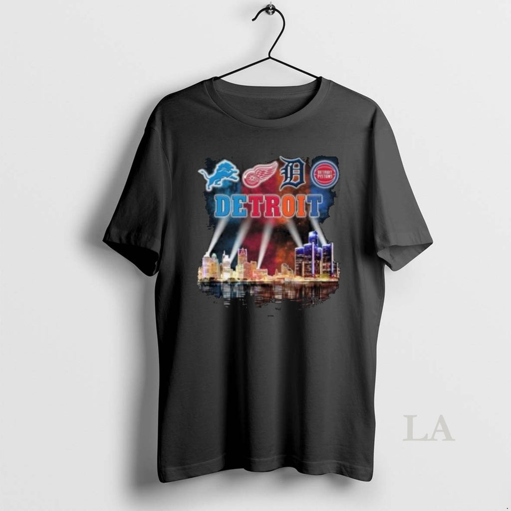 Original Detroit City Sports Lions Red Wings Tigers And Pistons Skyline Light 2025 Shirt Hoodie Sweatshirt | PurePodTees.com
