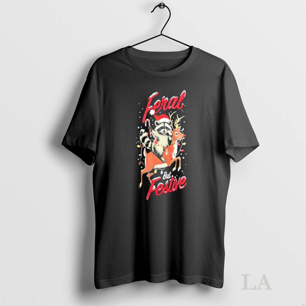 Original Raccoon Riding Reindeer Feral But Festive Christmas Shirt Hoodie Sweatshirt | PurePodTees.com