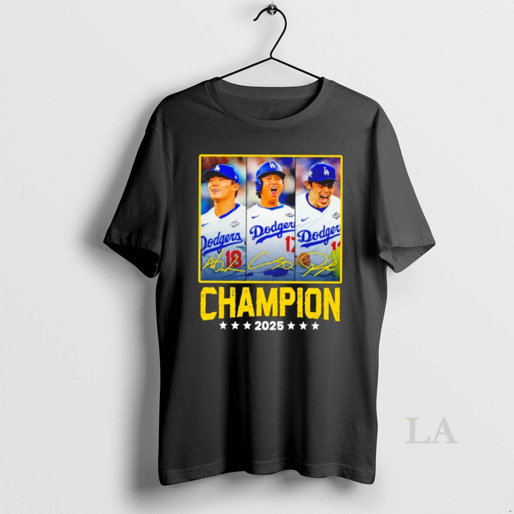 Original Shohei Ohtani Yoshinobu Yamamoto Teoscar Hernandez Los Angeles Dodgers Champion 2025 Signatures Shirt Hoodie...
