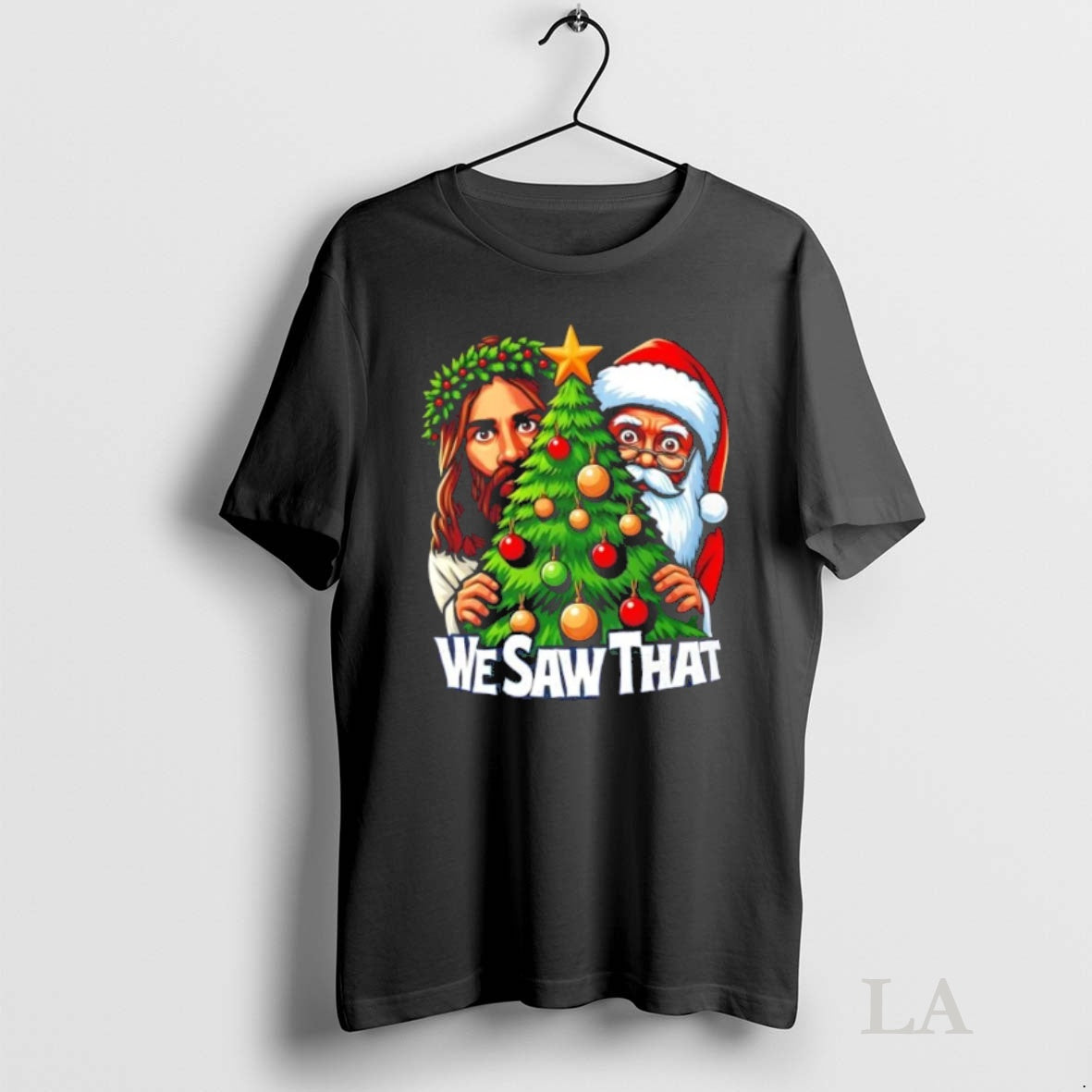 Original We Saw That Santa And Jesus Christmas Tree Shirt Hoodie Sweatshirt | PurePodTees.com