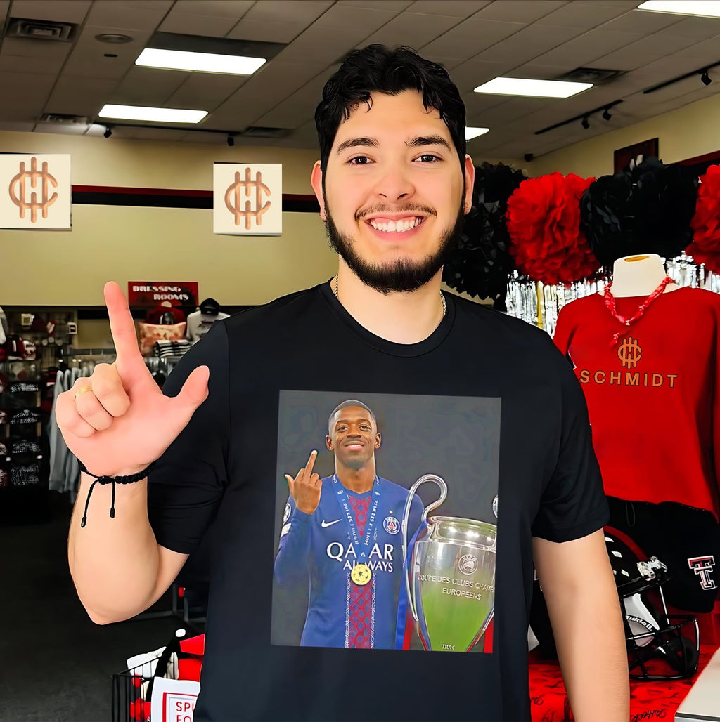 Paris Saint-Germain Ousmane Dembele middle finger trophy shirt