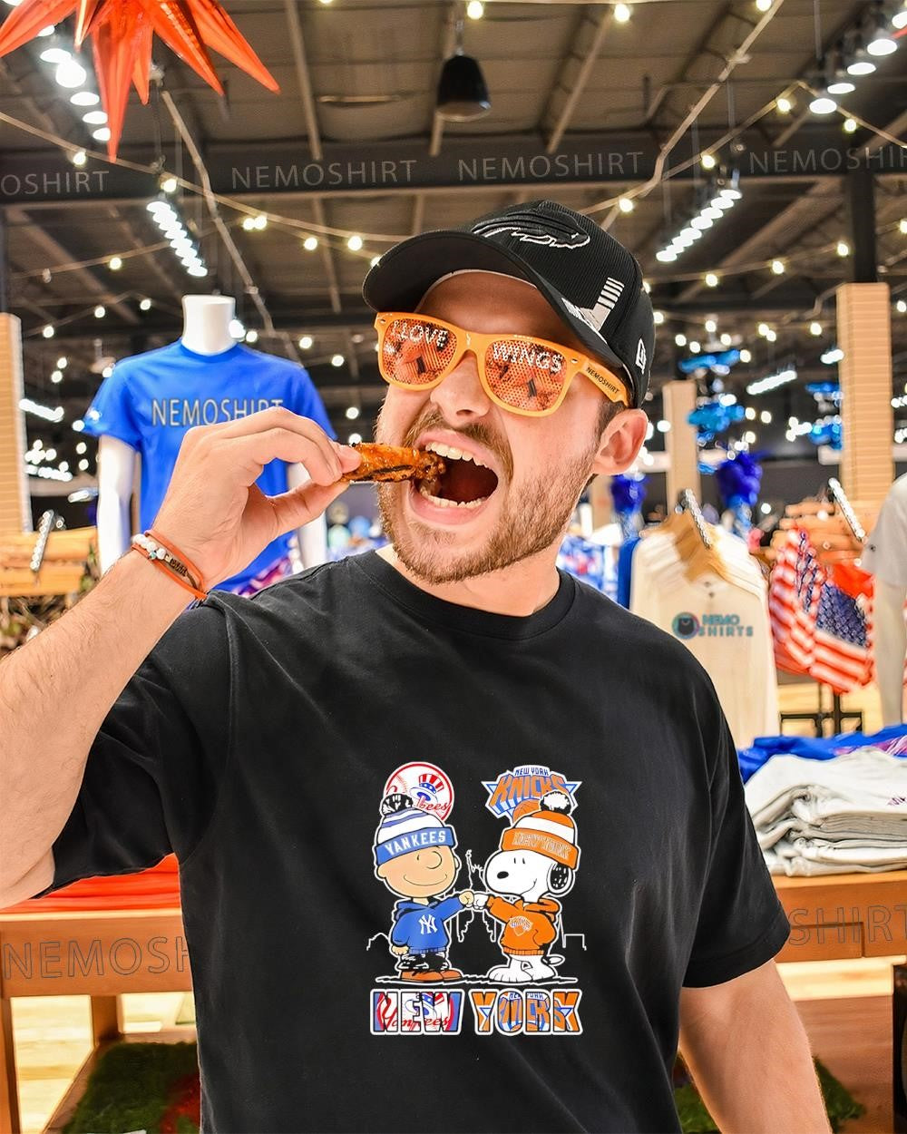 Peanuts Gang fist bump New York Yankees and New York Knicks shirt
