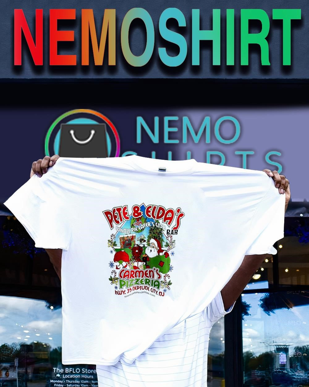 Pete and Elda’s Pizza 104 Carmen’s Pizzeria whole pie Eater’s club bar shirt