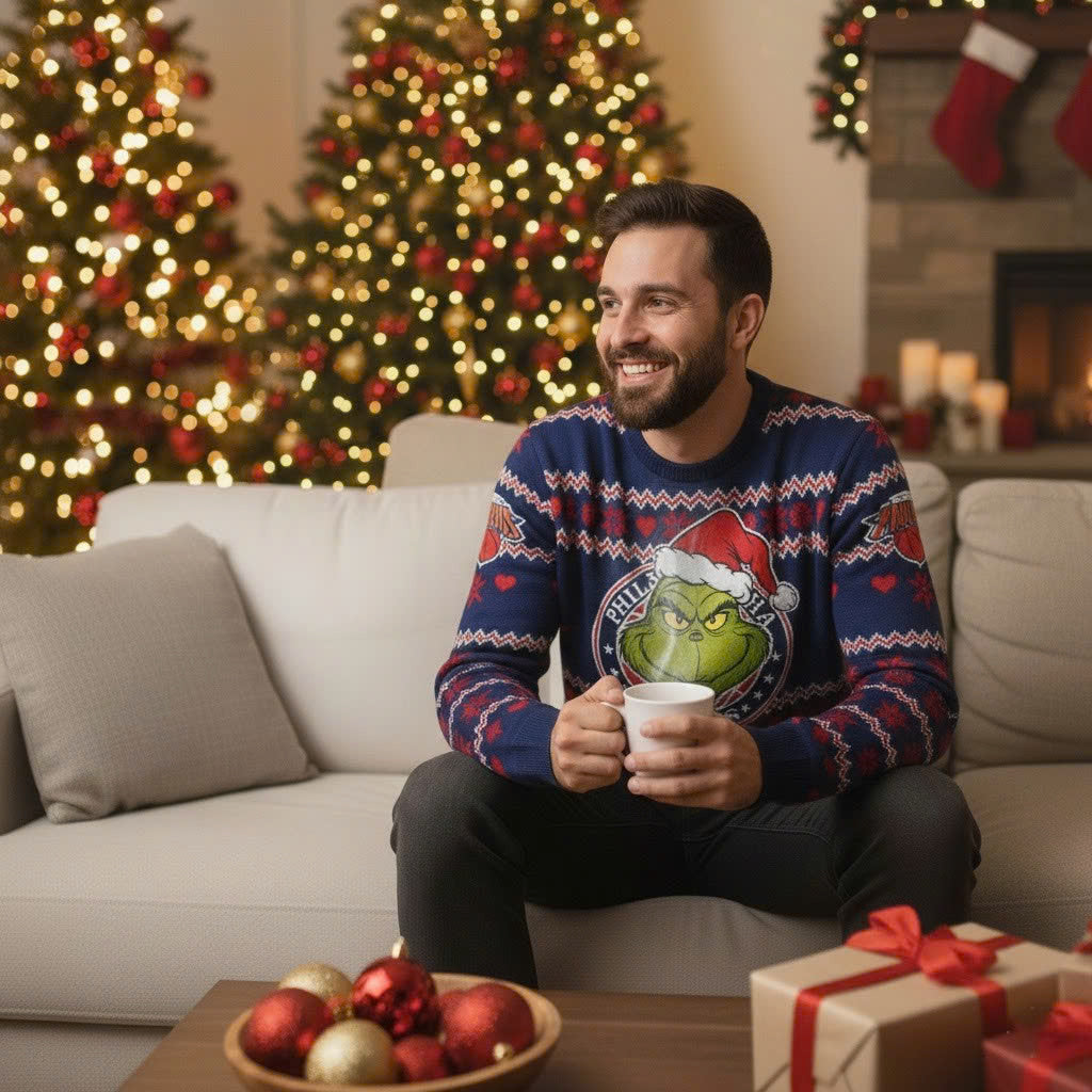Philadelphia 76ers x The Grinch Ugly Christmas Sweater – Royal Blue & Red “Grinchmas” Knit