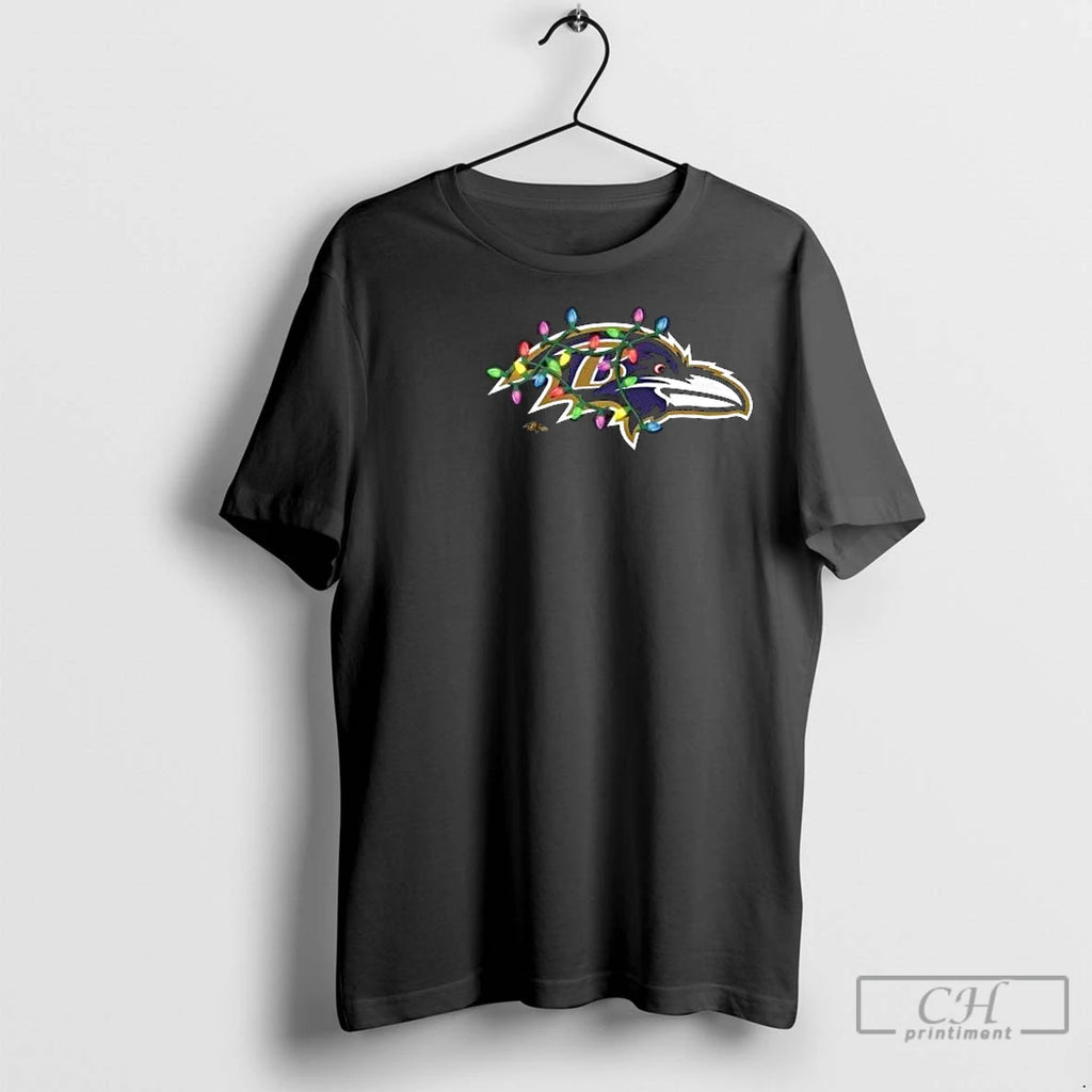 Premium Baltimore Ravens Primary Logo Holiday Lights 2025 Circle Black Shirt Hoodie Sweatshirt | PurePodTees.com