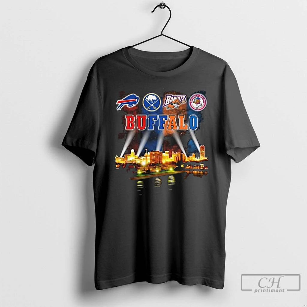 Premium Buffalo City Sports Bills Sabres Bandits And Bisons Skyline Light 2025 Long Sleve Shirt Hoodie Sweatshirt
