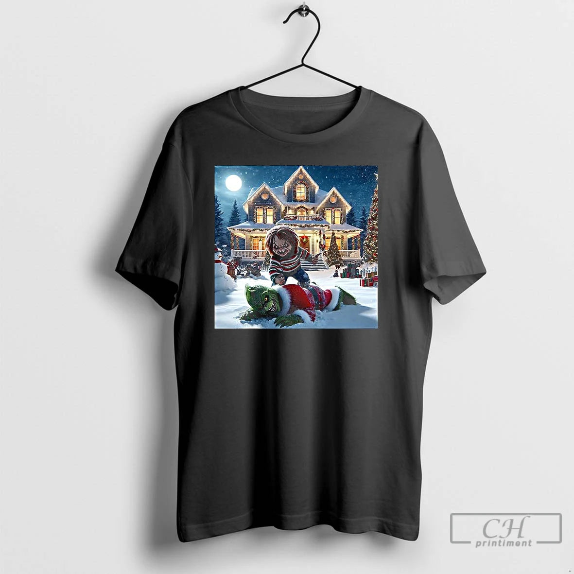 Premium Chucky Chases After The Grinch Horror Christmas T Shirts Hoodie Sweatshirt | PurePodTees.com