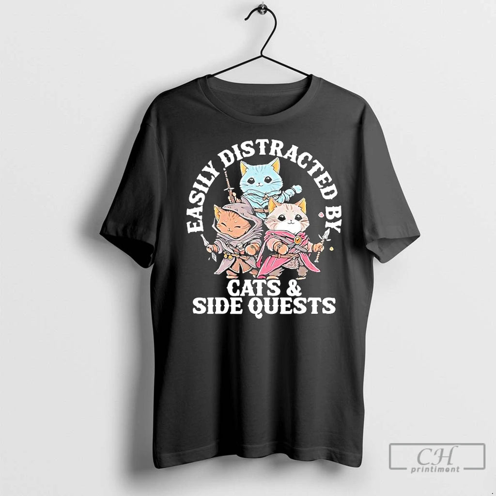 Premium Easily Distracted By Cats Side Quest Shirt Hoodie Sweatshirt | PurePodTees.com