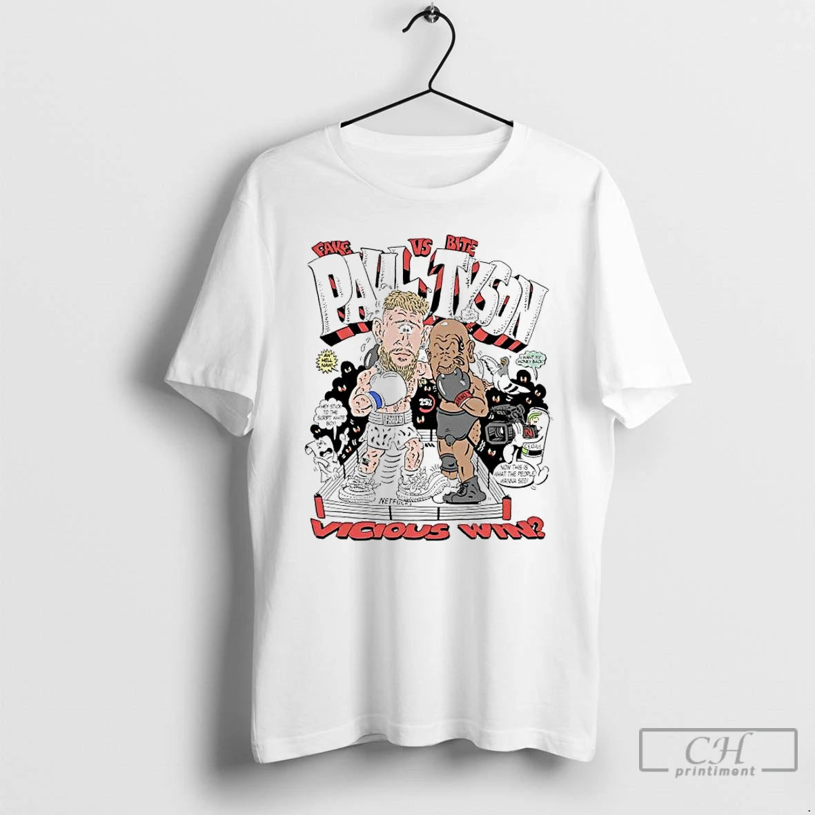 Premium Fake Paul Vs Bite Tyson Vicious Win Boxing Caricature T Shirts Hoodie Sweatshirt | PurePodTees.com