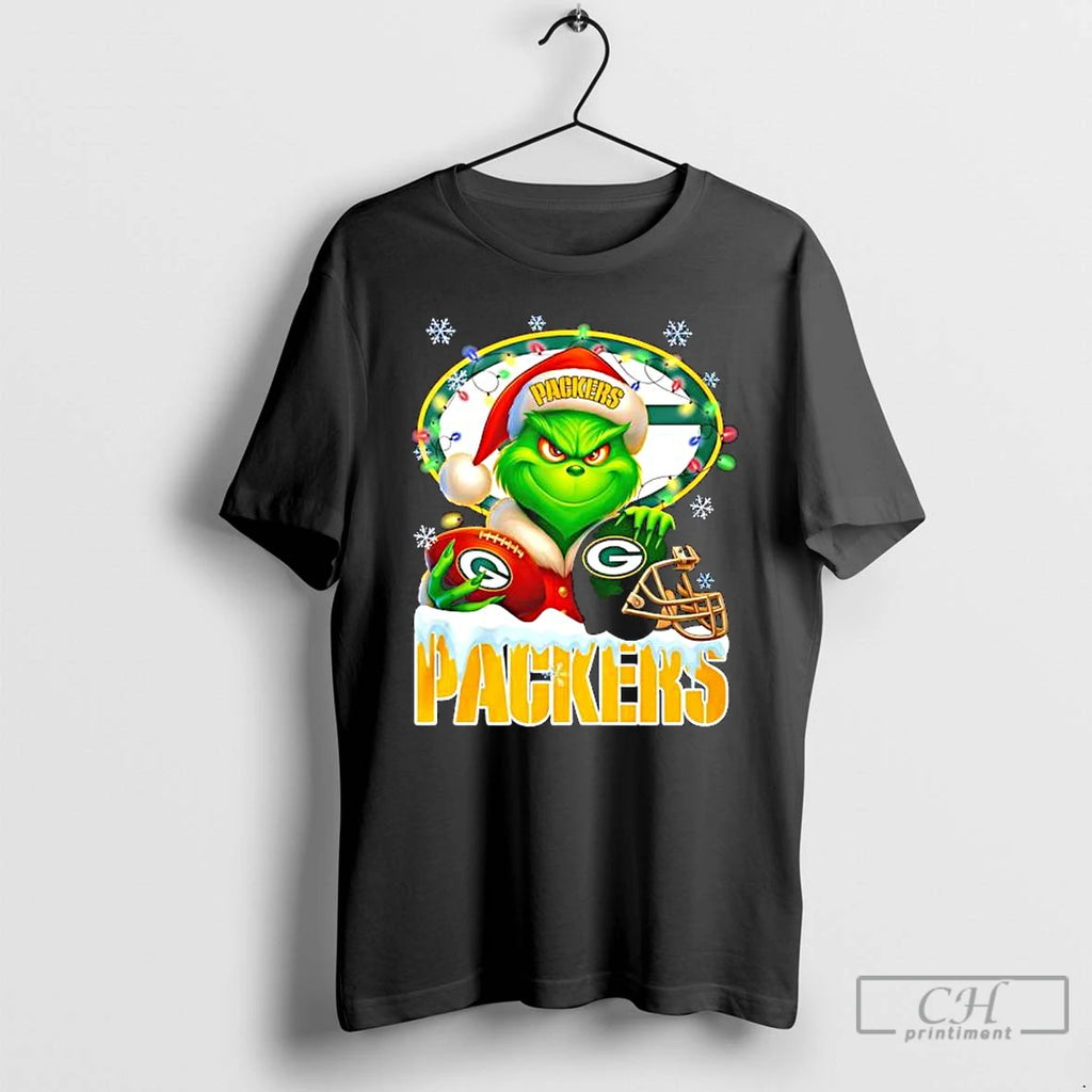 Premium Grinch With Green Bay Packers Christmas Lights Snowflakes Shirt Hoodie Sweatshirt | PurePodTees.com