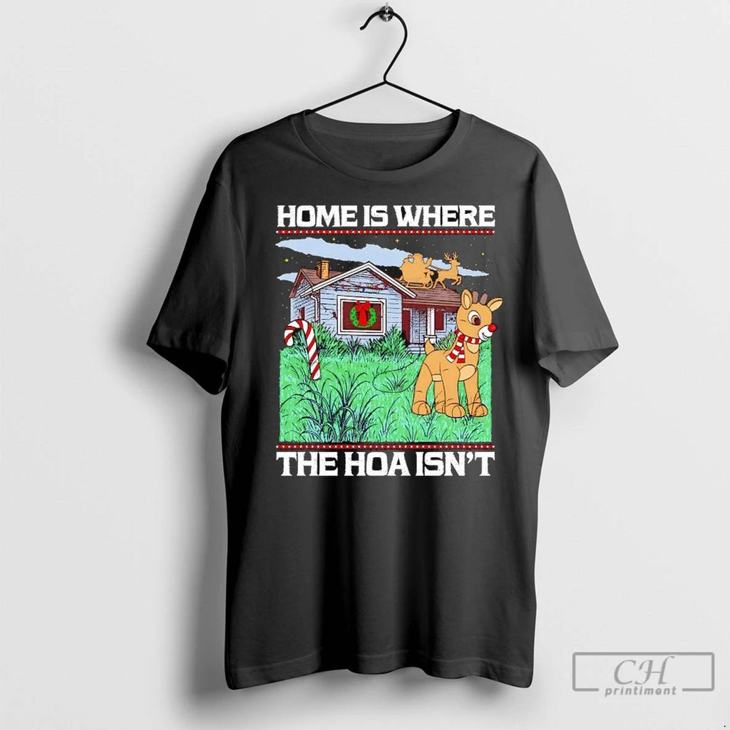 Premium Home Is Where The Hoa Isnt Candy Cane And A Reindeer Figure Christmas Graphic Shirt Hoodie Sweatshirt