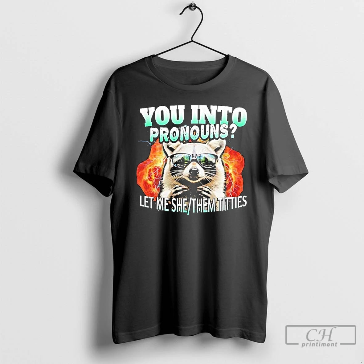Premium Let Me She Them Titties Raccoon Pronouns Intro Graphic T Shirts Hoodie Sweatshirt | PurePodTees.com