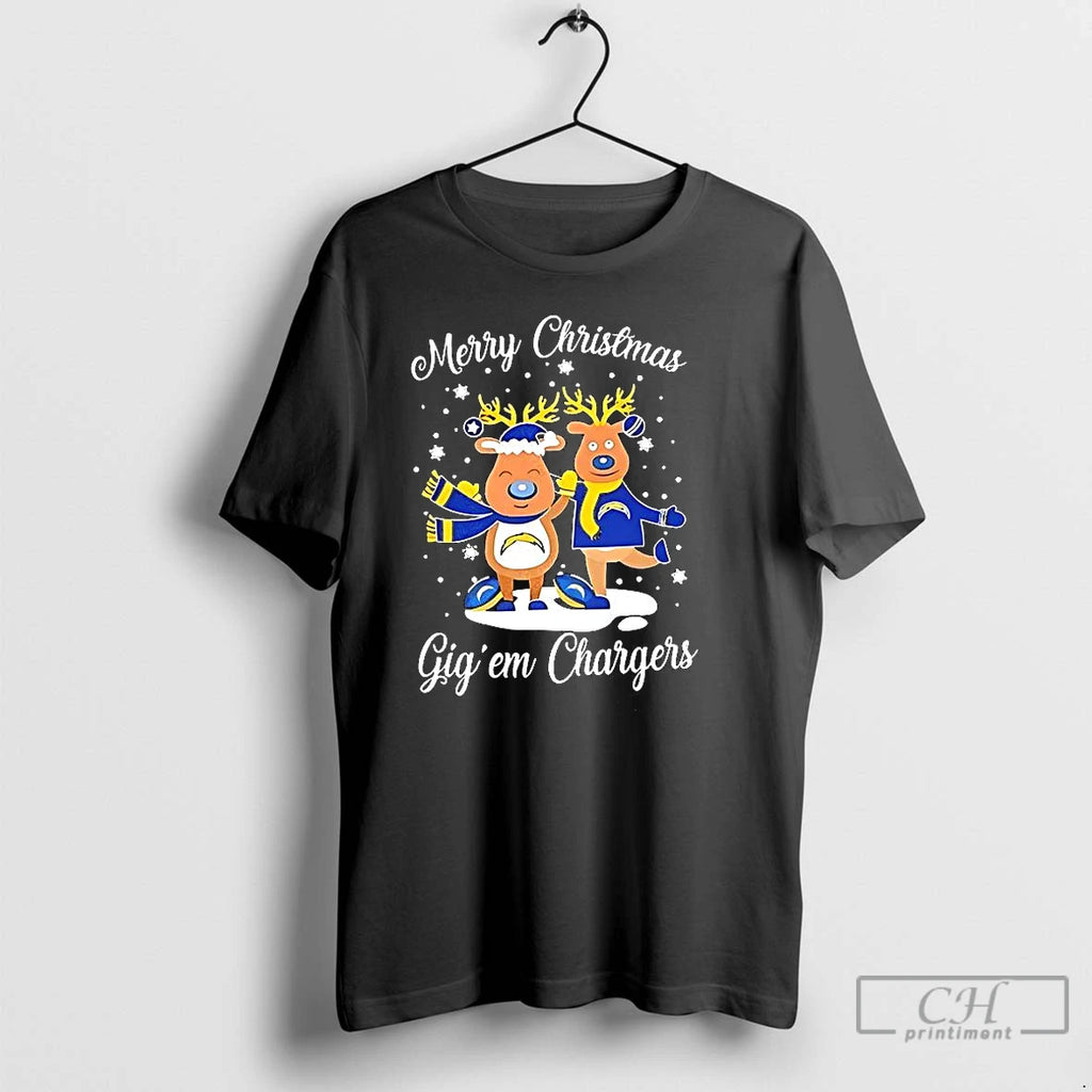 Premium Los Angeles Chargers Football Blue Nosed Reindeer Merry Christmas Gig Em Chargers T Shirts Hoodie Sweatshirt